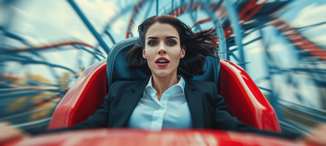 Professional Woman Balancing Work and Adventure on Rollercoaster