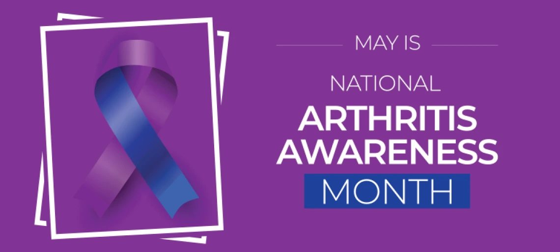 National arthritis awareness month campaign banner. Observed in May. Featuring purple and blue ribbon.