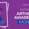 National arthritis awareness month campaign banner. Observed in May. Featuring purple and blue ribbon.